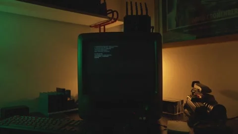 Stuttering view of programming text on old computer inside room. Stock Footage 310924353
