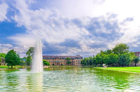 Stuttgart cityscape, Upper castle garden Schlossgarten Eckensee lake, fountai Stock Photos