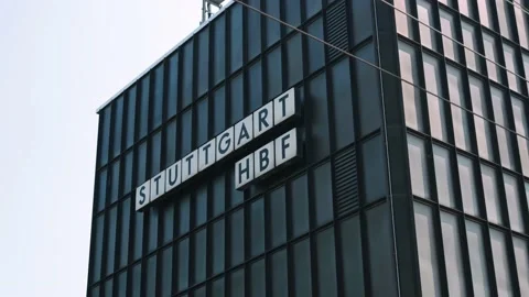 Stuttgart german central train station written on sign dynamic close up Vidéo 160239411