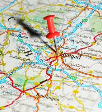 Stuttgart, Germany marked with red pushpin on map Stock Photos
