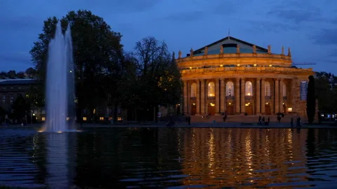 Stuttgart Opera with Fontane in Blue Hour with pond and Fontane 動画素材 240213177