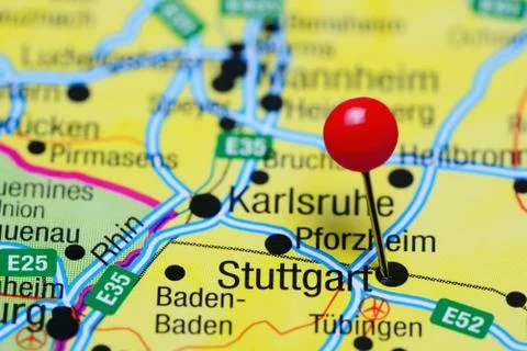Stuttgart pinned on a map of Germany Foto stock