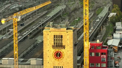 Stuttgart traffic railways clock tower construction aerial view 4k germany Stock Footage 244273748