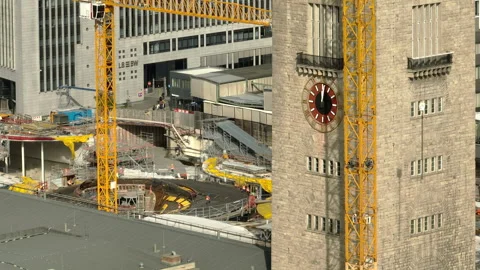 Stuttgart train station construction area clock tower aerial view 4k germany Stock Footage 244276098