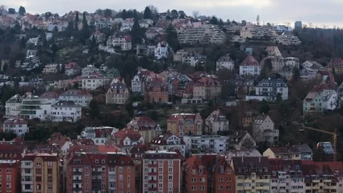 Stuttgart urban landscape, residential structures climbing steep hillside of Stock Footage 304885580