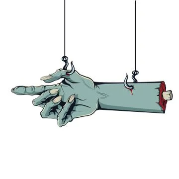 Style of a comic Zombie hand hanging on hooks Stock Illustration