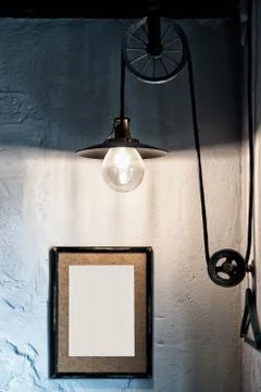 Style loft interior, Edisson lamp, photo wooden frame on the wall with empty  스톡 사진