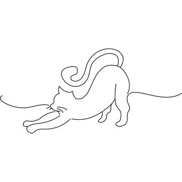 The style is one solid line, the silhouette of a cute flexible cat, a black l Stock Illustration