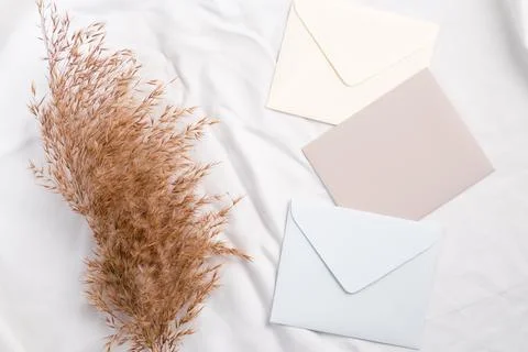 Styled craft envelope and white card mockup with dried grass on textile Stock Photos