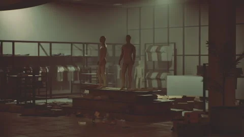 Styled mannequins on pallets under somber green illumination Stock Footage 340342534