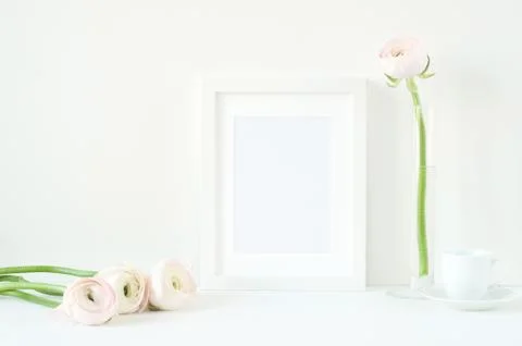 Styled mockup with white frame and pink ranunculos Stock Photos