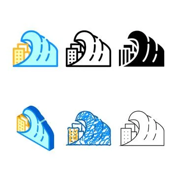 Styleset tsunami problem color icon vector symbol Illustrazione stock