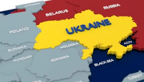 Stylich 3D Map of Ukraine and neighboring countries with agressive countries Stock Illustration