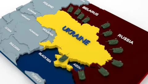 Stylich 3D Map of Ukraine surrounded by tanks and neighboring countries Stock Illustration