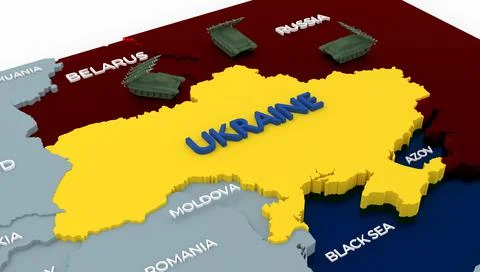 Stylich 3D Map of Ukraine surrounded by tanks and neighboring countries Illustrazione stock