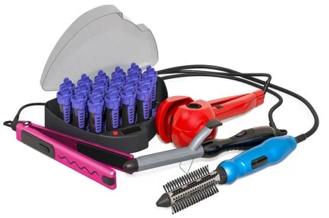 Styling Tools and Appliances. Flat Iron Hair Straightener, Hair Dryer Hot Air Stock Illustration