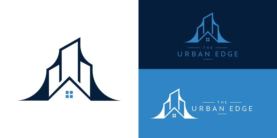 A stylised image of dark blue, high-rise buildings and a gabled house Ilustração Stock