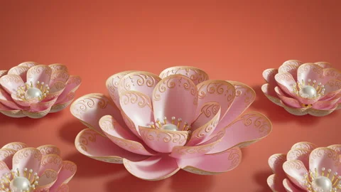 Stylised traditional Chinese pink colored paper flowers, golden ornaments Stockbeeldmateriaal 168564120