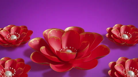 Stylised traditional Chinese red colored paper flowers, golden ornaments Stockbeeldmateriaal 168564136