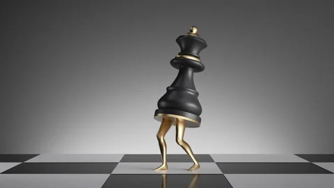Stylish 3D queen chess figure with golden legs dancing on chessboard Stock Footage 317051636