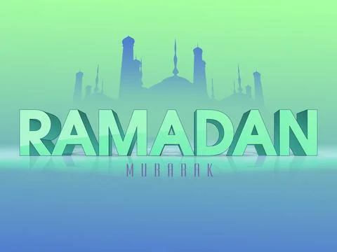 Stylish 3D text Ramadan Mubarak in front of green mosque, Beautiful greetin.. Stock Illustration