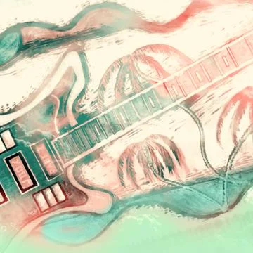 Stylish Abstract Design Illustration Electric Guitar Palms Sea Drawn By Hand Stock Illustration
