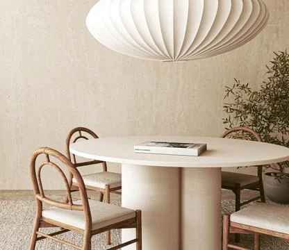 This is a stylish and minimalist dining room that features a modern accent for Illustration