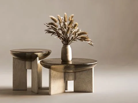 Stylish and minimalist table featuring a beautiful vase with dried flowers on Stock-Illustration