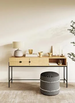 Stylish and modern console table featuring unique and decorative elements that 库存插图