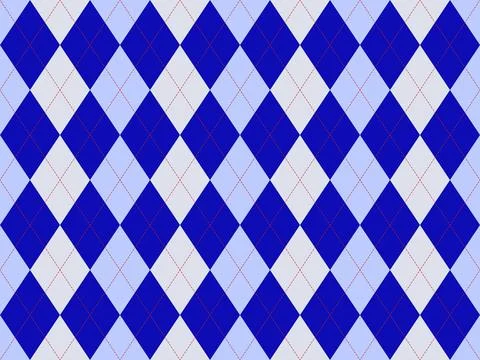 Stylish argyle pattern in blue and light blue hues, accented by thin red dash Stock Illustration