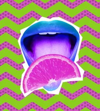Stylish art collage. Open mouth with citrus fruit on tongue on color backgrou Stock Photos