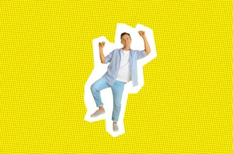 Stylish artwork with smiling man dancing on yellow background Stock Photos