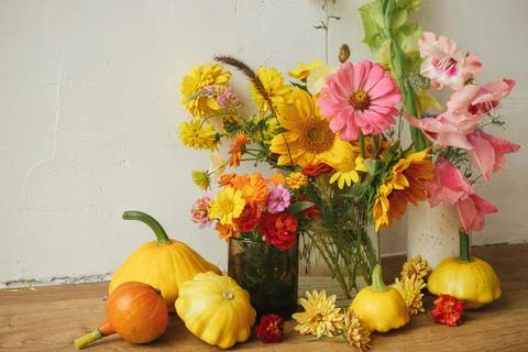 Stylish autumn composition against rustic background. Seasons greeting card.. Stock Photos