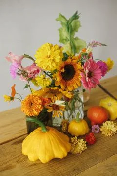 Stylish autumn composition on rustic table. Harvest in countryside. Happy T.. Stock Photos