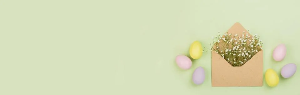 Stylish background with colorful easter eggs pastel colors isolated on green  Stock Photos