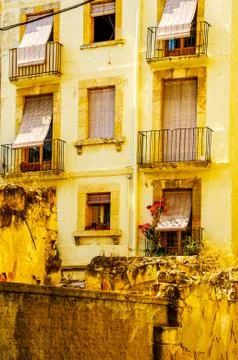 Stylish balcony with a metal railing, solid architectural element, a place Stock Photos
