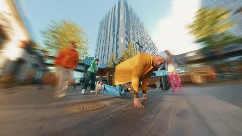Stylish Bboy Dancing In Circle Of Friends Zoom Blur Stock Footage 252912268