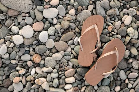 Stylish beige flip flops on pebble seashore, top view. Space for text Stock Photos