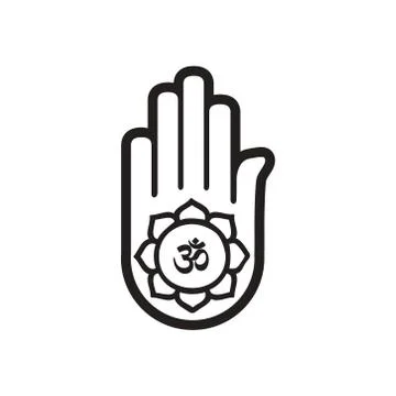 Stylish black and white icon Indian om sign on palm Stock Illustration