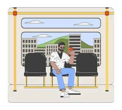 Stylish black man browsing phone on city subway doodle cartoon illustration Stock Illustration