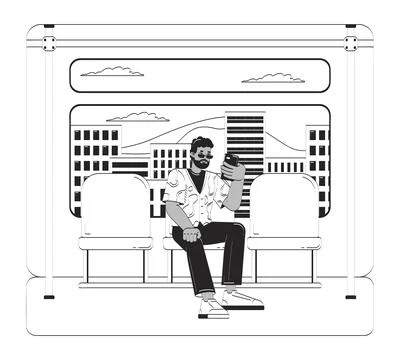 Stylish black man browsing phone on city subway doodle lineart illustration Stock Illustration