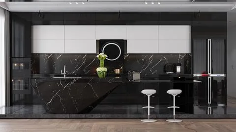 Stylish Black marbel kitchen interior design and outlook arrangements Stock-Illustration