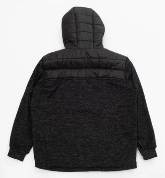 A Stylish Black Puffer Jacket Featuring a Hood, Perfect for Winter Wear and Stock-Fotos