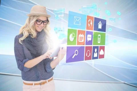 Stylish blonde using tablet pc with app icon menu Illustrazione stock
