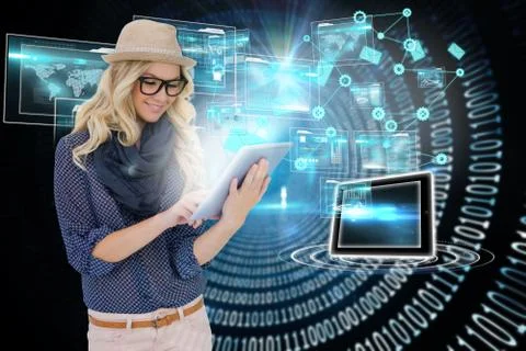 Stylish blonde using tablet pc with interfaces and email icons Stock Illustration