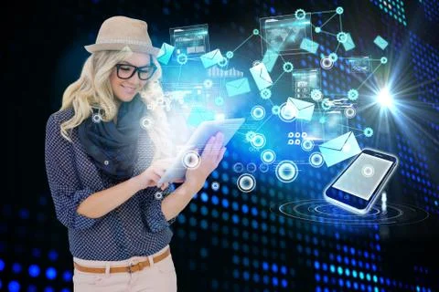 Stylish blonde using tablet pc with interfaces and email icons Stock Illustration