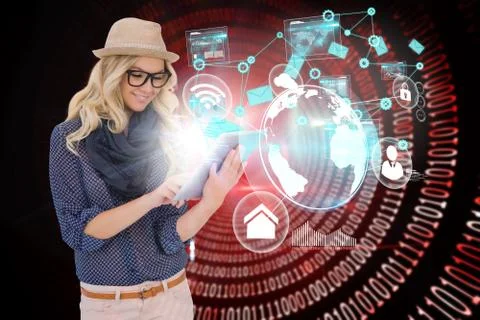 Stylish blonde using tablet pc with interfaces and email icons Stock Illustration