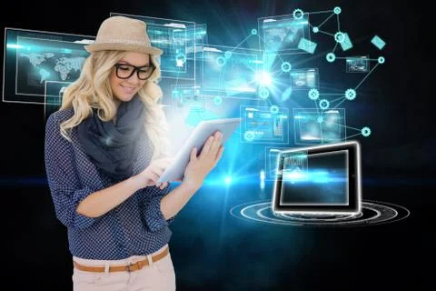 Stylish blonde using tablet pc with interfaces and email icons Stock Illustration