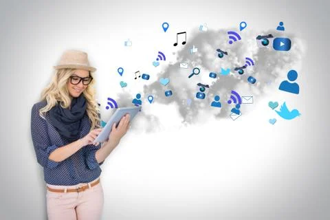 Stylish blonde using tablet pc with app icons and cloud Stock Illustration