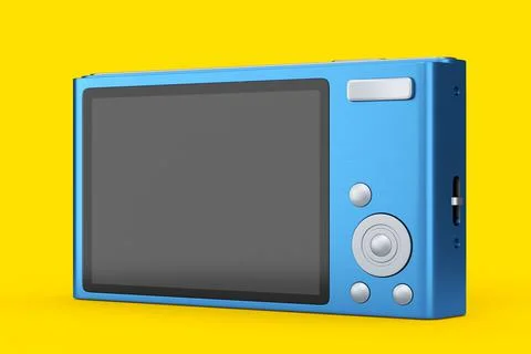Stylish blue compact pocket digital camera isolated on yellow background Illustrazione stock